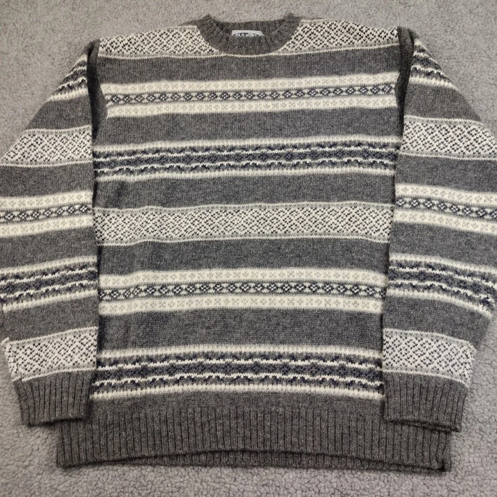 VTG Old Navy Wool Sweater Mens Large Nordic Fair Isle Gray Crew Neck EUC
